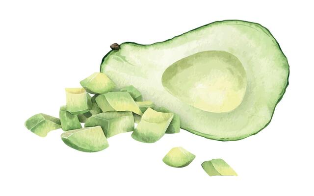 Seedless Avocado sliced open, pile diced slices. Isolated hand drawn watercolor food illustration of vegan Vegetables. Clipart for menu, packaging of food and cosmetics, fabrics, cards, recipe