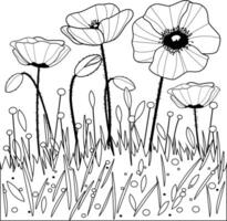 Poppies field wildflowers. Background illustration banner with poppy flowers and fresh spring grass. Black and white coloring page. vector