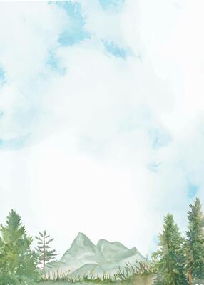 Watercolor background featuring a mountain landscape, evergreen forests, pine trees, and sky. Hand-painted illustration.