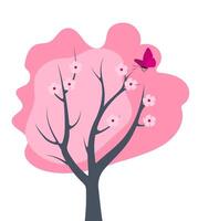 Beautiful sakura tree in full bloom with delicate pink blossoms and a butterfly fluttering nearby during springtime vector