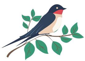 Colorful illustration of a bird perched on a branch with leaves in a bright and simple design vector