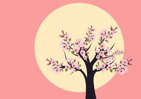 Cherry blossom tree with pink flowers against a radiant yellow background in a tranquil spring setting vector