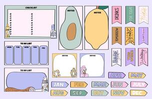 self care planner page, planner stickers, sticky notes and memo notepad pages vector