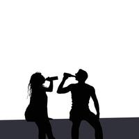 Silhouetted figures enjoying refreshments A woman sits while a man stands both drinking bottles A simple yet evocative image against a stark backdrop vector