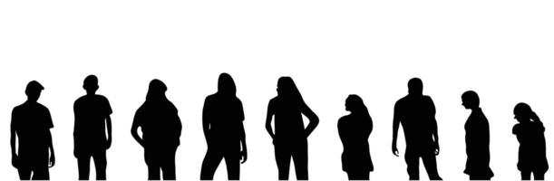 Silhouettes of a diverse group of people stand together showcasing unity and diversity in a simple impactful visual set against a blank backdrop vector