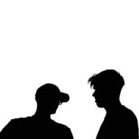 Two silhouetted figures one wearing a cap face each other in stark contrast against a bright backdrop The image emphasizes form and interaction vector