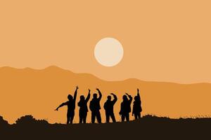A group silhouette at sundown celebrates on a hilltop against an orange sky with mountain range in the background and rising sun artistic rendering vector