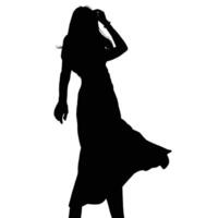Silhouette of a stylish woman posing in a flowing dress hand gently touching her hair creating a sense of movement and freedom against a blank canvas vector