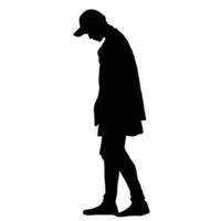 Silhouette of a person walking with head down wearing a cap and jacket The figure is isolated against a white background creating a graphic effect vector
