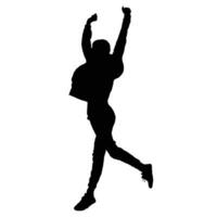 Silhouette of a victorious figure with arms raised in triumph The dynamic pose suggests movement and achievement captured in stark contrast against a white background vector