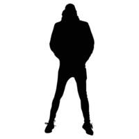Silhouette of a person in a relaxed pose wearing a hoodie and sneakers standing confidently with legs slightly apart set against a plain white backdrop vector