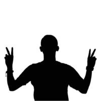 Silhouette illustration of a person giving a peace sign with both hands Arms raised in a gesture of positivity and goodwill Isolated silhouette on white vector