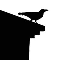 A stark black silhouette shows a bird perched atop a dark structure creating a mysterious and dramatic visual statement against the white background vector