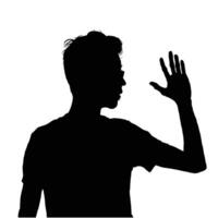 Silhouette of a person raising their hand against a white background The dark figure creates a strong contrast emphasizing the gesture and form vector