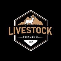 Vintage Logo featuring Deer Standing in Grass Field, with Mountain background in Hexagonal Frame. Suitable for livestock, organic meat business vector