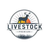 Vintage Style Logo Featuring a Deer Silhouette Standing in the Grass with a Warm Sunset Background. Suitable for Farming, Organic Meat Products Business vector