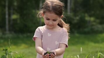 A small child holds in his hands a handful of soil from which a new tree grows. video