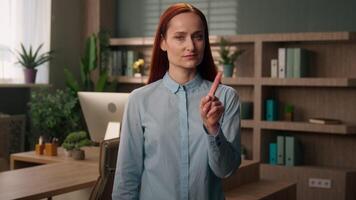 Caucasian serious business woman girl female dissatisfied businesswoman employer manager worker in office negative waving shaking finger answer not rejection disagreement deny prohibit refuse forbid video