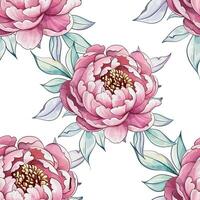Vibrant peonies in shades of pink rest among gentle green leaves, creating a serene pattern that reflects natures beauty and tranquility. vector