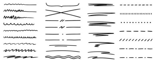 Set of abstract curved hand drawn lines, underline, highlight lines, underline strokes, scribbles, dashes. Wavy, straight, curved lines. vector