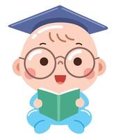 A cute and charming cartoon illustration of a baby wearing round glasses and a graduation cap while reading a book vector