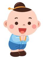 A cheerful and respectful cartoon illustration of a young boy dressed in traditional clothing, performing a polite greeting with hands together in a respectful gesture vector