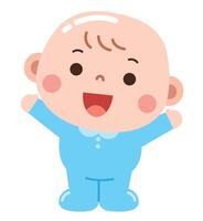 A cute and cheerful cartoon of a baby dressed in a light blue onesie, standing with arms raised and a joyful expression vector