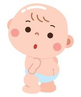 An adorable cartoon of a baby in a diaper with a surprised and curious expression. vector