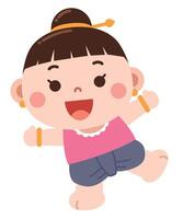 A cheerful and playful cartoon illustration of a young girl dressed in traditional attire, dancing with a big smile vector