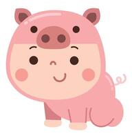 Adorable cartoon illustration of a baby dressed in a pink pig costume, featuring a round snout, tiny ears, and a curly tail vector