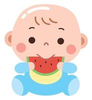 An adorable cartoon illustration of a baby dressed in a blue onesie and wearing a bib while happily eating a slice of watermelon vector