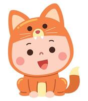 Adorable cartoon illustration of a baby dressed in a charming fox costume, complete with pointy ears, a fluffy tail, and a cheerful expression vector