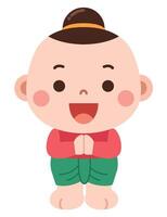 A cheerful and respectful cartoon of a young boy dressed in traditional clothing, performing a polite greeting with hands together in a respectful gesture vector