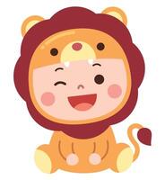 Adorable cartoon illustration of a baby dressed in a lion costume, sitting happily with a big smile and a playful wink vector