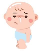 A cute but sad cartoon illustration of a baby feeling unwell, with a runny nose and a tired expression vector