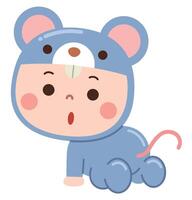 Adorable cartoon illustration of a baby dressed in a playful mouse costume, featuring big round ears, a tiny pink tail, and an expressive surprised face vector
