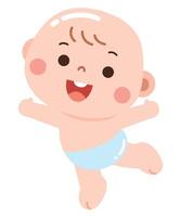 An adorable cartoon illustration of a joyful baby in a diaper, playfully jumping or dancing with a big smile. vector