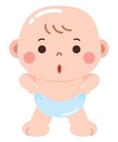An adorable cartoon illustration of a baby in a diaper with a surprised and curious expression. vector