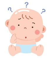 A cute cartoon illustration of a baby sitting with a puzzled expression, surrounded by small question marks vector