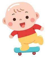 Adorable cartoon illustration of a cheerful baby balancing on a skateboard, wearing a red and yellow outfit vector