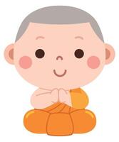 A charming and peaceful cartoon illustration of a young novice monk sitting cross-legged with hands joined in a respectful gesture vector