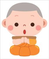 A charming and peaceful cartoon illustration of a young novice monk dressed in traditional orange robes, sitting in a meditative posture while holding a scripture or wooden tablet and chanting. vector