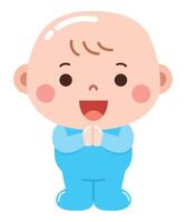 A cute and cheerful cartoon illustration of a baby dressed in a blue outfit, standing with hands clasped together and a joyful expression. vector