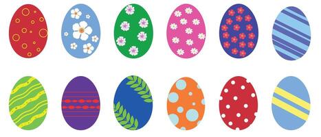 Set of colorful Easter eggs with floral, striped, polka dot, and abstract patterns on a white background for decoration. vector
