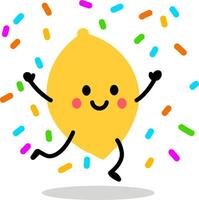 Cute Happy Lemon Character with Colorful Confetti. Fun Cartoon Illustration vector