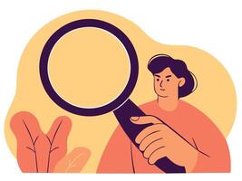 Young guy with doing research using magnifying glass vector