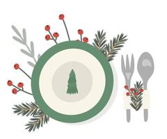 Plate and cutlery with Christmas decoration, festive table setting, top view. illustration for a New Year's card, banner, menu, flyer vector