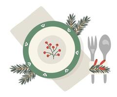 Plate and cutlery with napkin, Christmas decoration, festive table setting, top view. vector