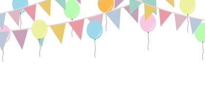 Banner with colorful paper flags hanging on a string and balloons. template with empty space for text for party celebration, birthday, anniversary. vector
