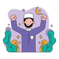 muslim man with crescent moon and hands up illustration design. flat design vector